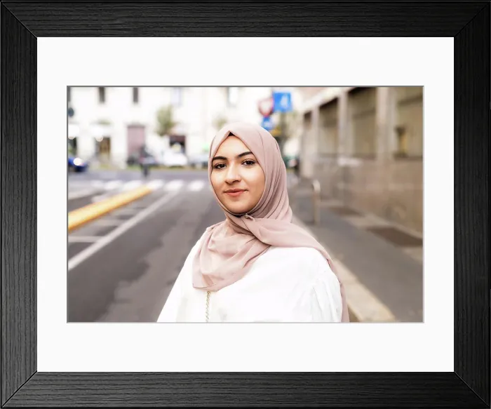 Framed Print : Street portrait of young woman wearing hijab