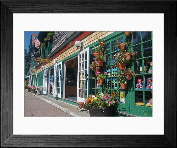 Framed Print : USA, Maine, Bar Harbor. Colorful Bar Harbor storefronts and potted flowers
