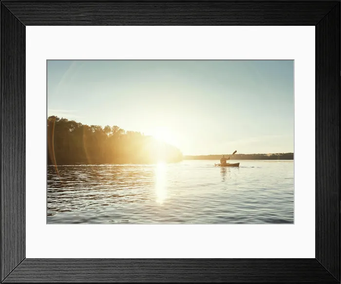 Framed Print : Man, kayaking and boat on lake outdoor for sports adventure or nature travel trip