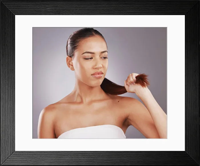 Framed Print : Hair split ends, beauty salon and dye damage of a black woman with a problem feeling annoyed Framed Print : Hair split ends, beauty salon and dye damage of a black woman with a problem feeling annoyed