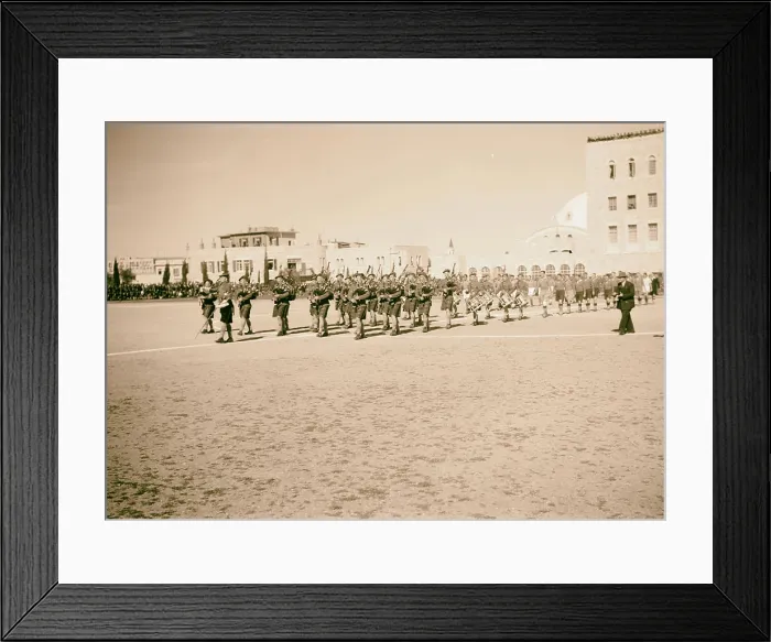 Framed Print : Foot ball match British Army v. French Army Scottish pipers piping the two teams on to the field. 1940, Israel Framed Print : Foot ball match British Army v. French Army Scottish pipers piping the two teams on to the field. 1940, Israel