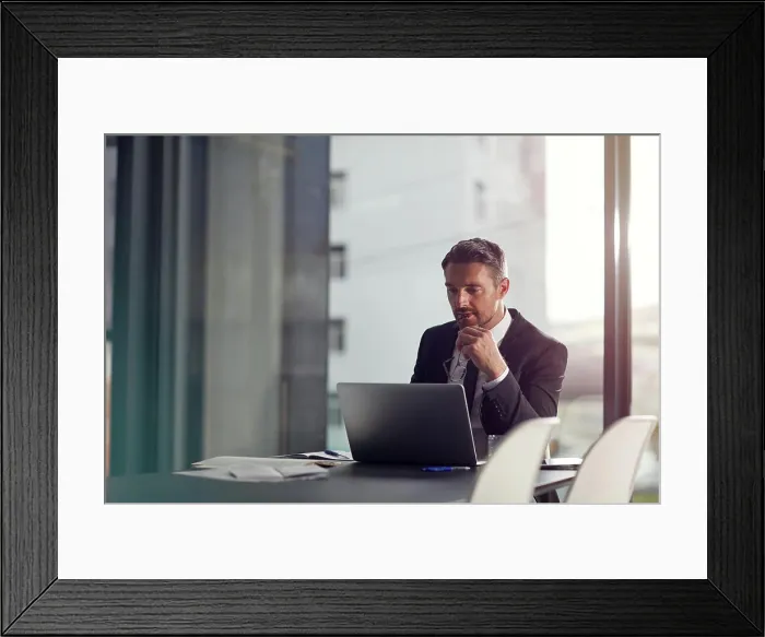 Framed Print : Business man, computer and thinking Framed Print : Business man, computer and thinking