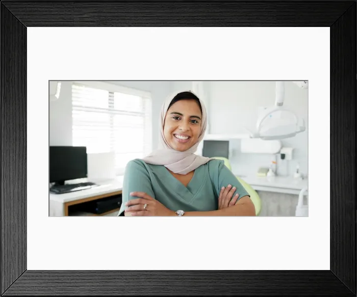 Framed Print : Muslim dentist, woman and happy with face Framed Print : Muslim dentist, woman and happy with face
