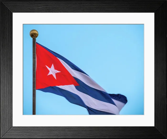 Framed Print : CUBA flag waving with a cloudy blue sky