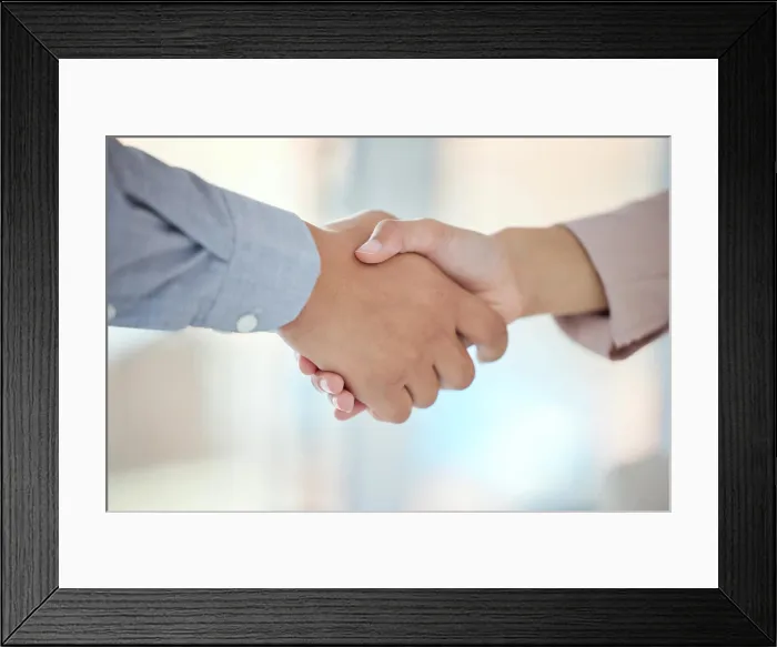 Framed Print : Business people, shaking hands and corporate agreement with welcome support Framed Print : Business people, shaking hands and corporate agreement with welcome support