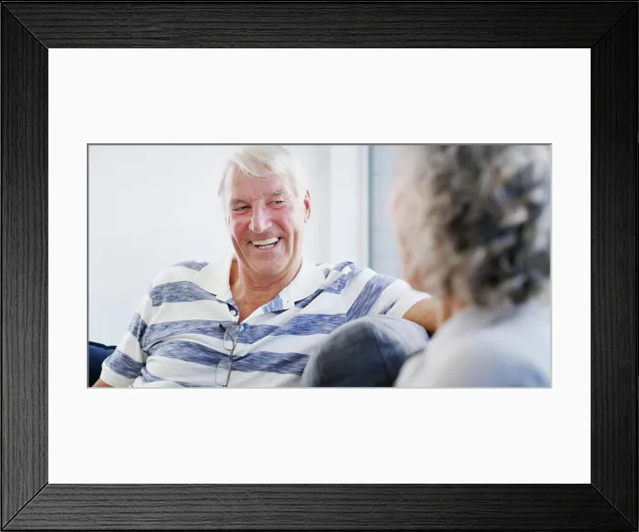 Framed Print : Laughing, senior couple and bonding in home