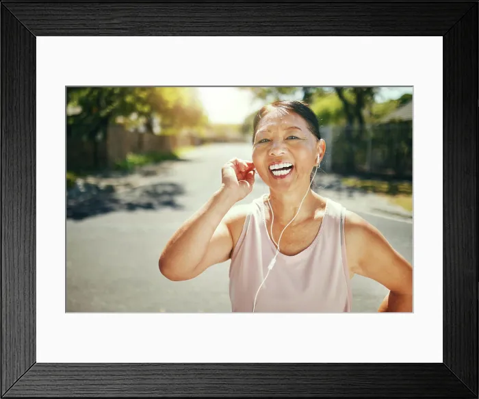 Framed Print : Fitness, music earphones and portrait of Asian woman outdoor for sports training Framed Print : Fitness, music earphones and portrait of Asian woman outdoor for sports training