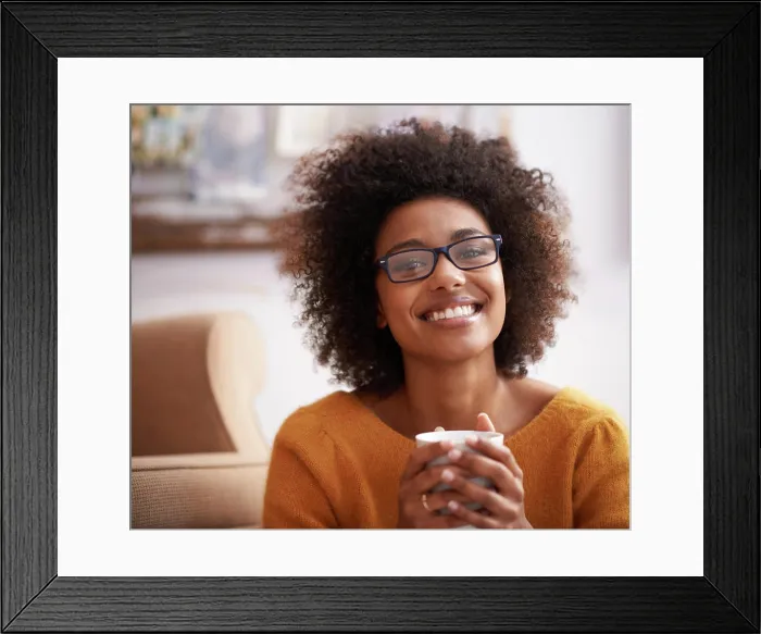 Framed Print : Portrait, coffee and happy woman in home lounge