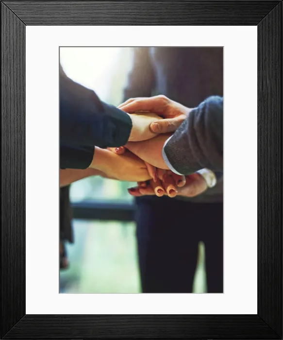 Framed Print : Office, business people and hands with huddle for support Framed Print : Office, business people and hands with huddle for support