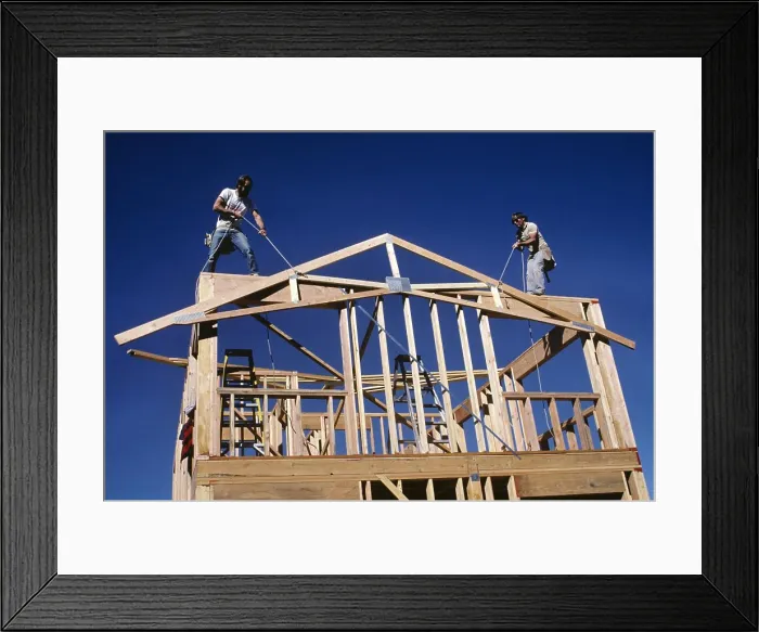 Framed Print : 1980s BUILDING A NEW HOUSE WITH LUMBER RAISING THE A-FRAME FOR THE ROOF LINE Framed Print : 1980s BUILDING A NEW HOUSE WITH LUMBER RAISING THE A-FRAME FOR THE ROOF LINE
