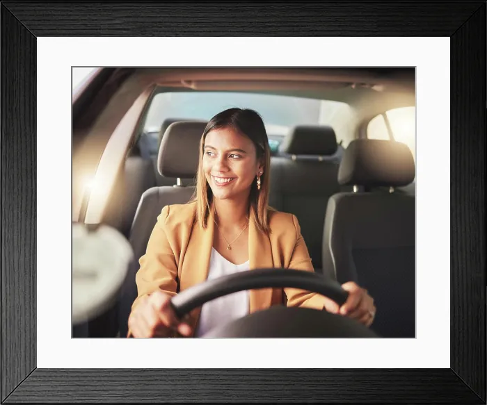 Framed Print : Smile, driving and business woman in car to travel Framed Print : Smile, driving and business woman in car to travel