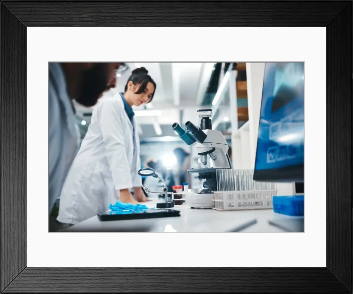 Framed Print : Scientist, laboratory and woman with microscope for research