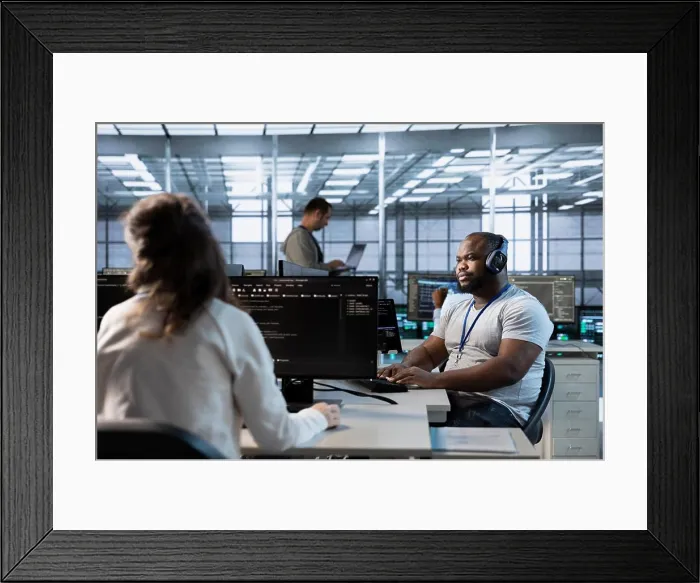 Framed Print : Engineer in data center coordinating deployment of server architecture