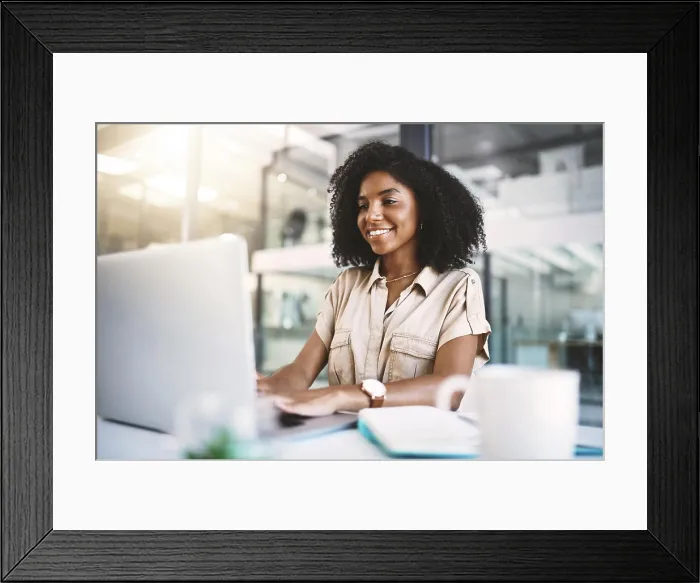 Framed Print : Office, black woman and journalist with laptop for research Framed Print : Office, black woman and journalist with laptop for research