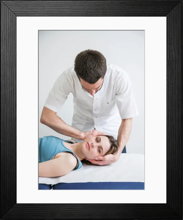 Framed Print : Structural osteopathy session in a woman suffering from neck pain Framed Print : Structural osteopathy session in a woman suffering from neck pain