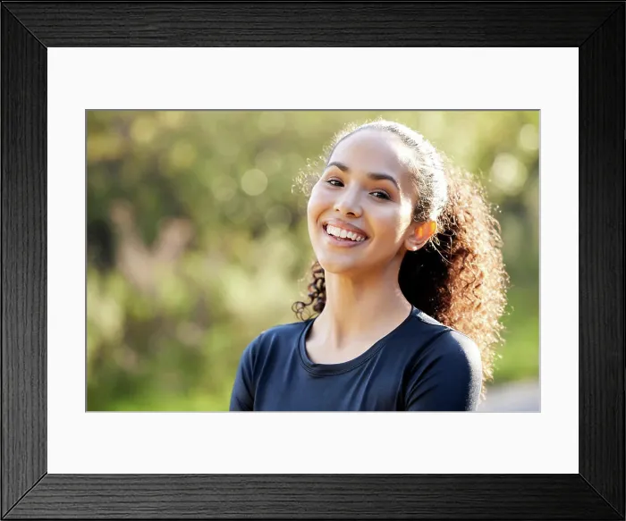 Framed Print : Happiness, portrait and woman in nature for fitness