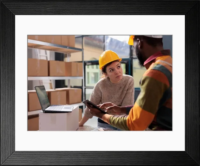 Framed Print : Diverse stockroom team checking online orders on tablet computer Framed Print : Diverse stockroom team checking online orders on tablet computer