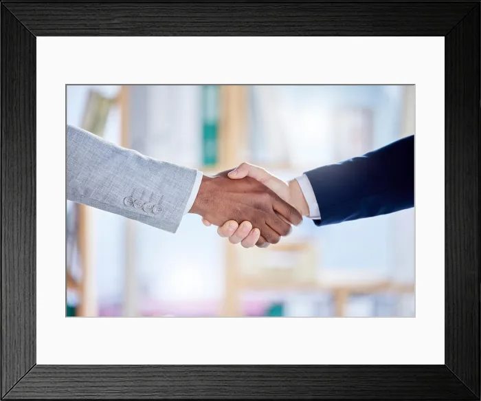 Framed Print : Handshake, partnership and hands of business people in office for recruitment Framed Print : Handshake, partnership and hands of business people in office for recruitment