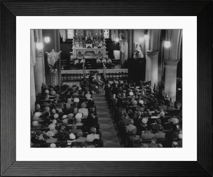 Framed Print : Cathedral service. Mr. Chifley's coffin lies between six flickering candles below the altar Framed Print : Cathedral service. Mr. Chifley's coffin lies between six flickering candles below the altar