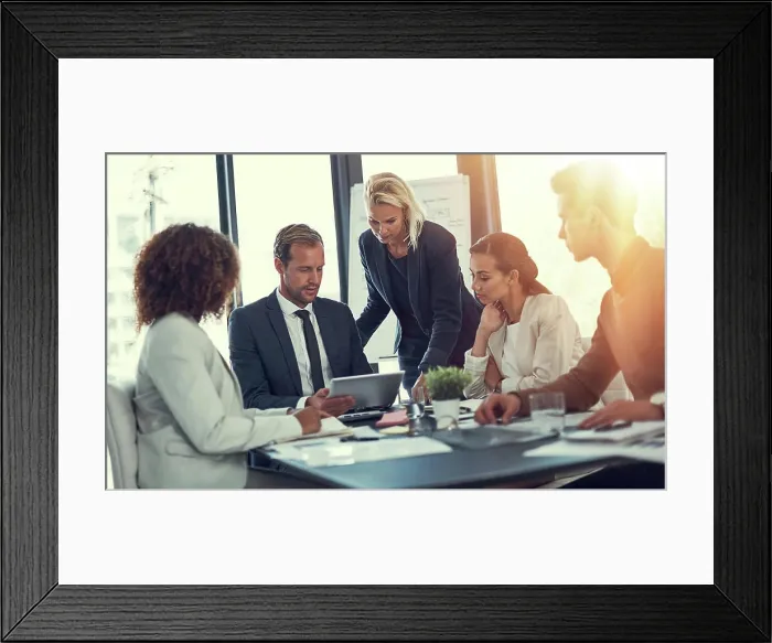 Framed Print : Office, teamwork and business people with tablet for solution