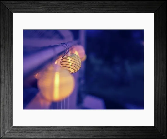 Framed Print : Colorful lampions outside, twilight hour, garden party Framed Print : Colorful lampions outside, twilight hour, garden party