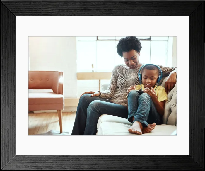 Framed Print : Tablet, relax and black family of child Framed Print : Tablet, relax and black family of child