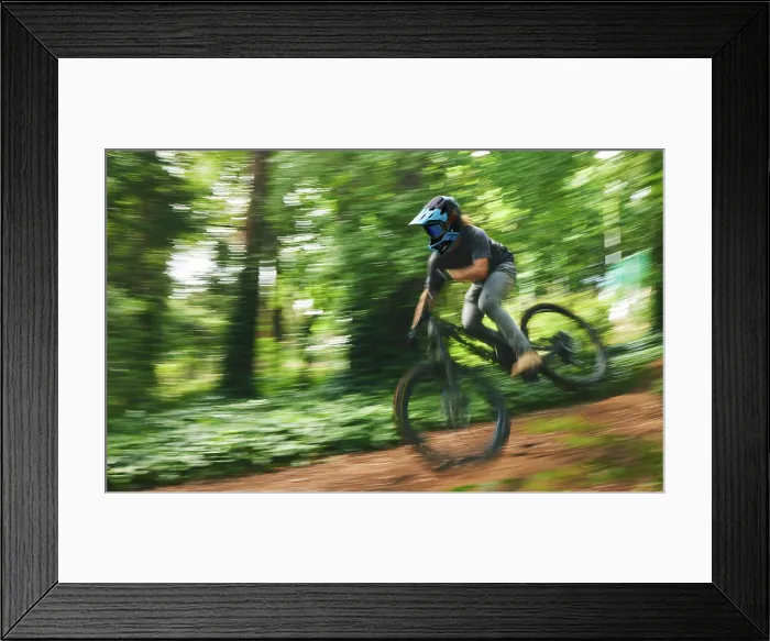 Framed Print : Fitness, adrenaline and man doing stunt on bike while riding fast for competition practice in woods Framed Print : Fitness, adrenaline and man doing stunt on bike while riding fast for competition practice in woods