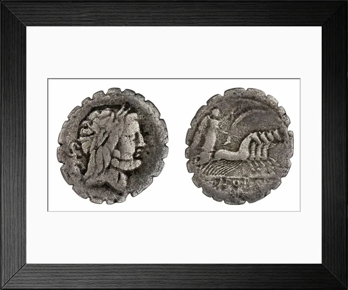 Framed Print : denarius (serratus). Antonius Balbus, Q. (fl. 83-82 a.C.), monetary officer, Republika Rzymska, issuer Framed Print : denarius (serratus). Antonius Balbus, Q. (fl. 83-82 a.C.), monetary officer, Republika Rzymska, issuer