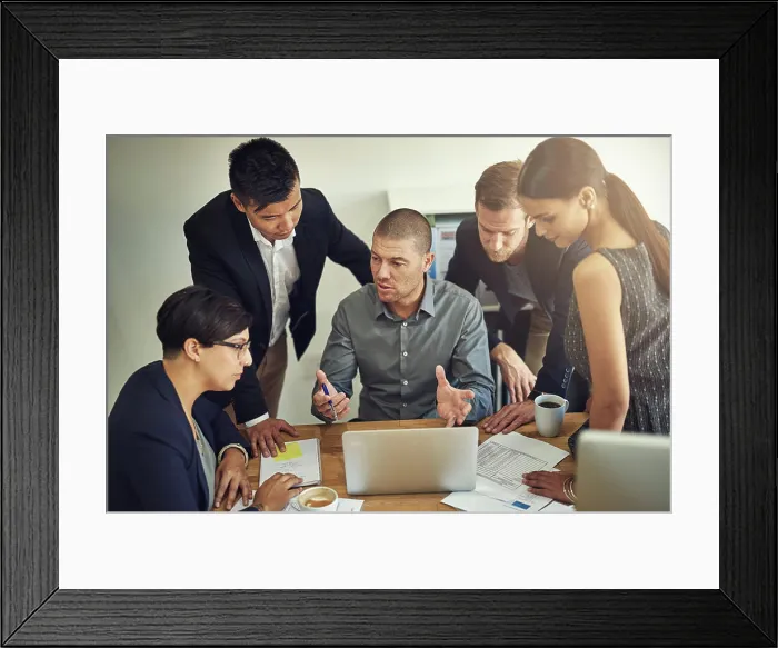Framed Print : Business meeting, laptop and people or manager in group discussion Framed Print : Business meeting, laptop and people or manager in group discussion