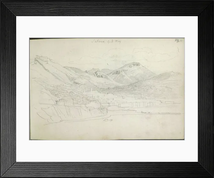Framed Print : A pencil sketch by Heinrich Reinhold showing Salerno surrounded by large mountains with a fort on one mountain Framed Print : A pencil sketch by Heinrich Reinhold showing Salerno surrounded by large mountains with a fort on one mountain