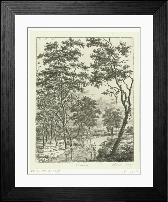 Framed Print : River landscape with trees, in the distance two riders Framed Print : River landscape with trees, in the distance two riders