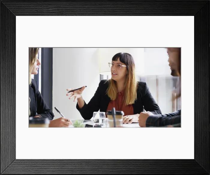 Framed Print : Meeting, team and business woman in office for audit Framed Print : Meeting, team and business woman in office for audit