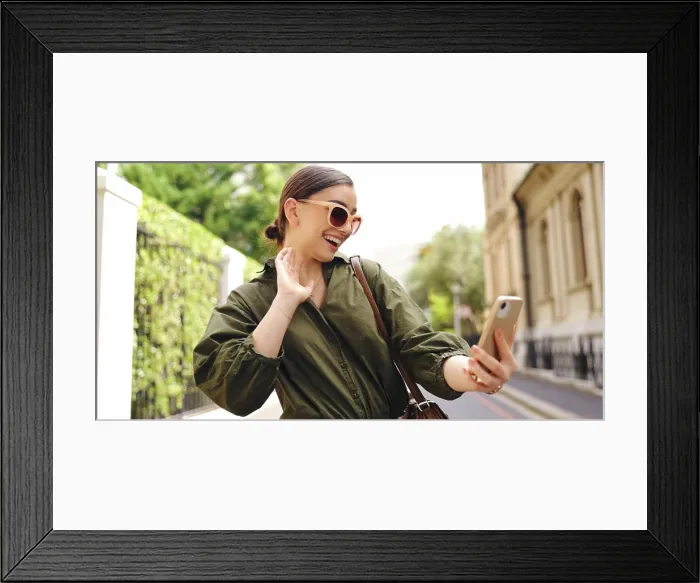 Framed Print : Video call, outdoor and woman with travel Framed Print : Video call, outdoor and woman with travel