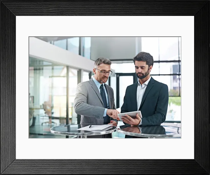 Framed Print : Tablet, teamwork or business men in meeting for project Framed Print : Tablet, teamwork or business men in meeting for project