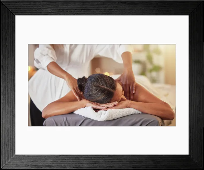 Framed Print : Woman at spa for massage with therapist and holistic treatment Framed Print : Woman at spa for massage with therapist and holistic treatment