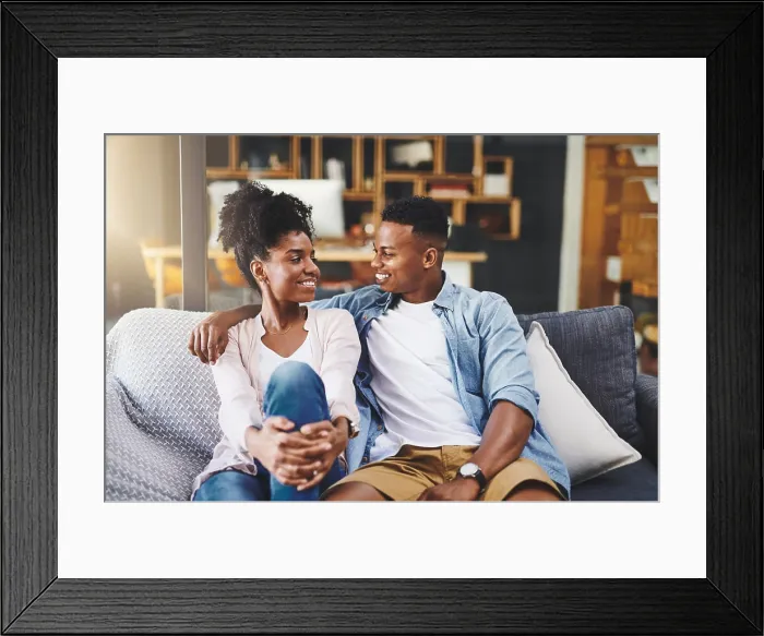 Framed Print : House, talk and black couple on sofa Framed Print : House, talk and black couple on sofa