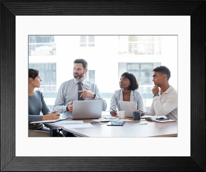 Framed Print : Business, people and discussion in office with laptop Framed Print : Business, people and discussion in office with laptop