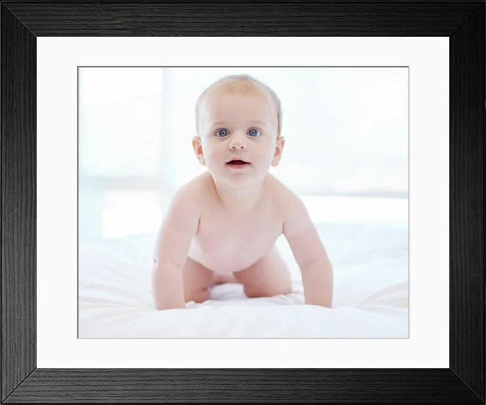 Framed Print : Portrait, happy baby and morning in bedroom for development and growth in family home Framed Print : Portrait, happy baby and morning in bedroom for development and growth in family home