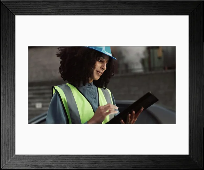 Framed Print : Construction, planning and black woman on tablet in city for inspection Framed Print : Construction, planning and black woman on tablet in city for inspection