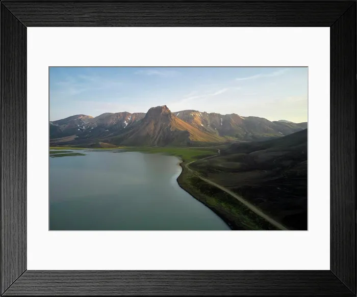 Framed Print : Lake and road near mountains Framed Print : Lake and road near mountains