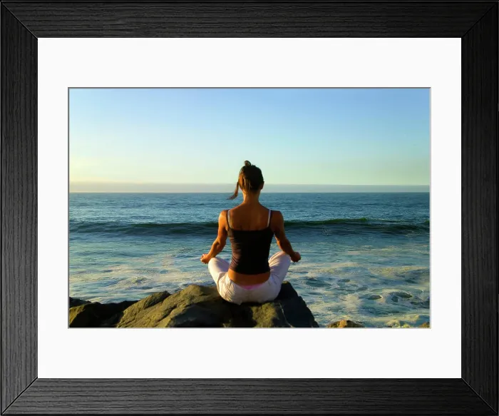 Framed Print : Woman pratice Yoga at sunrise on the beach, Vina del Mar, Chile