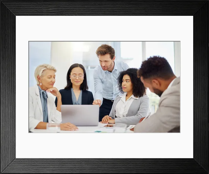Framed Print : Laptop, meeting and business people in office for creative Framed Print : Laptop, meeting and business people in office for creative