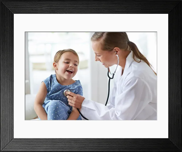 Framed Print : Child, happy pediatrician and stethoscope for healthcare consulting Framed Print : Child, happy pediatrician and stethoscope for healthcare consulting
