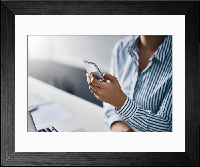 Framed Print : App, business and phone in hand of woman at office for communication Framed Print : App, business and phone in hand of woman at office for communication