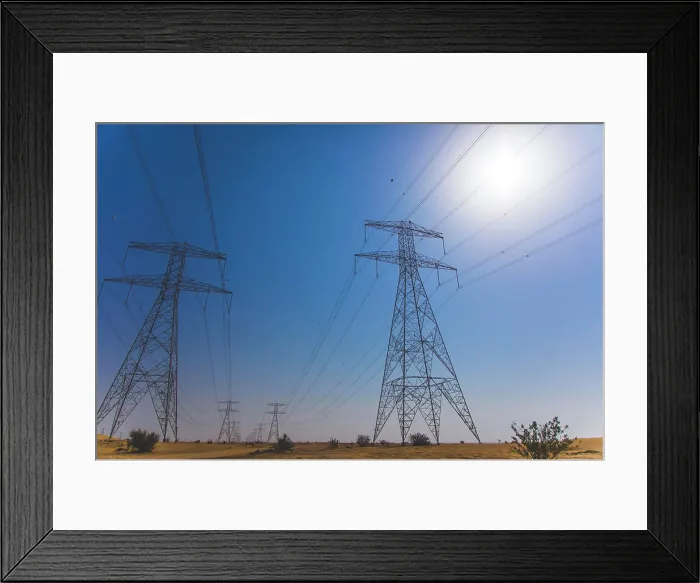 Framed Print : United Arab Emirates, Middle East, Dubai. The desert. High voltage power line pylons Framed Print : United Arab Emirates, Middle East, Dubai. The desert. High voltage power line pylons