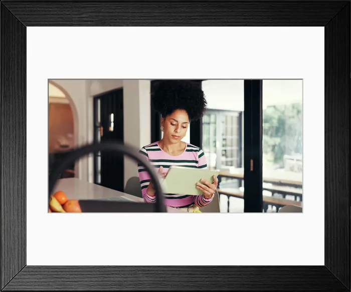 Framed Print : Remote work, tablet and scroll with woman in home for virtual assistant Framed Print : Remote work, tablet and scroll with woman in home for virtual assistant