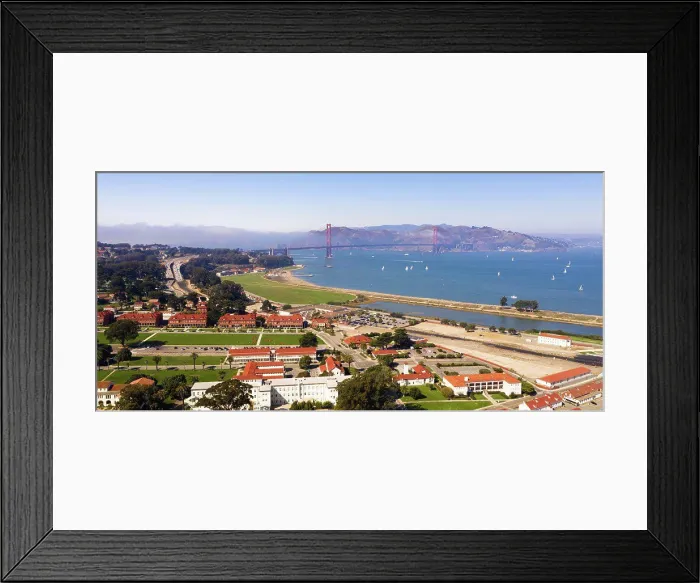 Framed Print : Sailboats fill the bay below the Golden Gate Bridge in the bay on the waterfront of San Francisco CA
