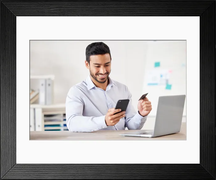 Framed Print : Businessman, credit card and phone for payment in office with internet for online shopping subscription