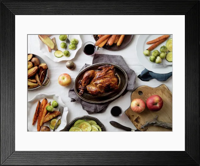 Framed Print : Big festive dinner with roasted chicken and various garnishing. Overhead view, celebration concept Framed Print : Big festive dinner with roasted chicken and various garnishing. Overhead view, celebration concept
