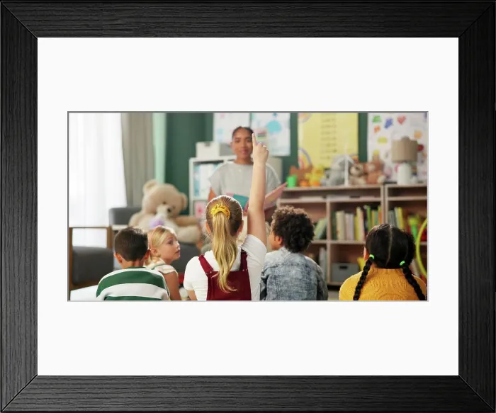 Framed Print : Kindergarten, children and question for teacher in class at montessori school Framed Print : Kindergarten, children and question for teacher in class at montessori school